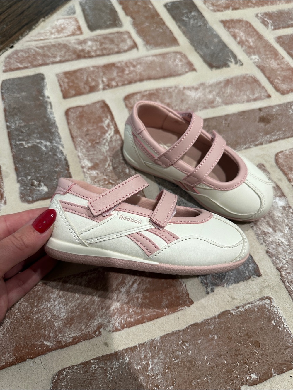 Reebok Kids White and Pink Double-Strap Mary Jane Sneakers